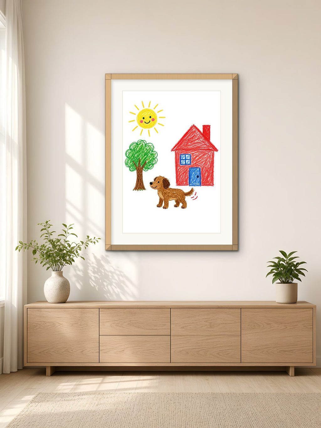 A child's crayon drawing of a sun, tree, red house and brown dog, framed in light oak on a bright living-room wall