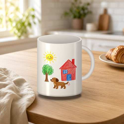 White ceramic mug printed with a child's crayon drawing of a house, tree, sun and dog, on a sunny kitchen table