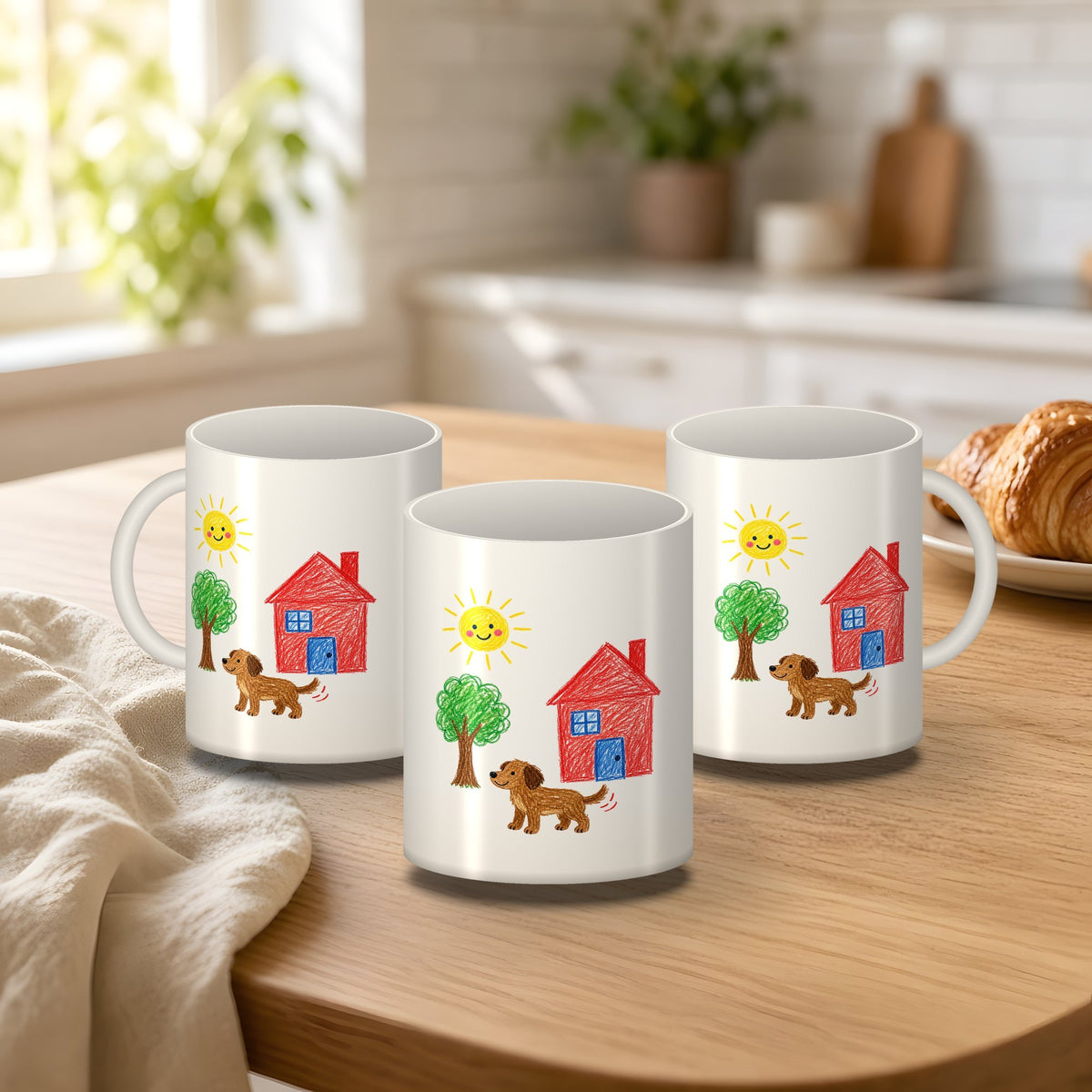 Their Drawing, Kept Forever - Family Set (3 Mugs) printed with the child's crayon drawing