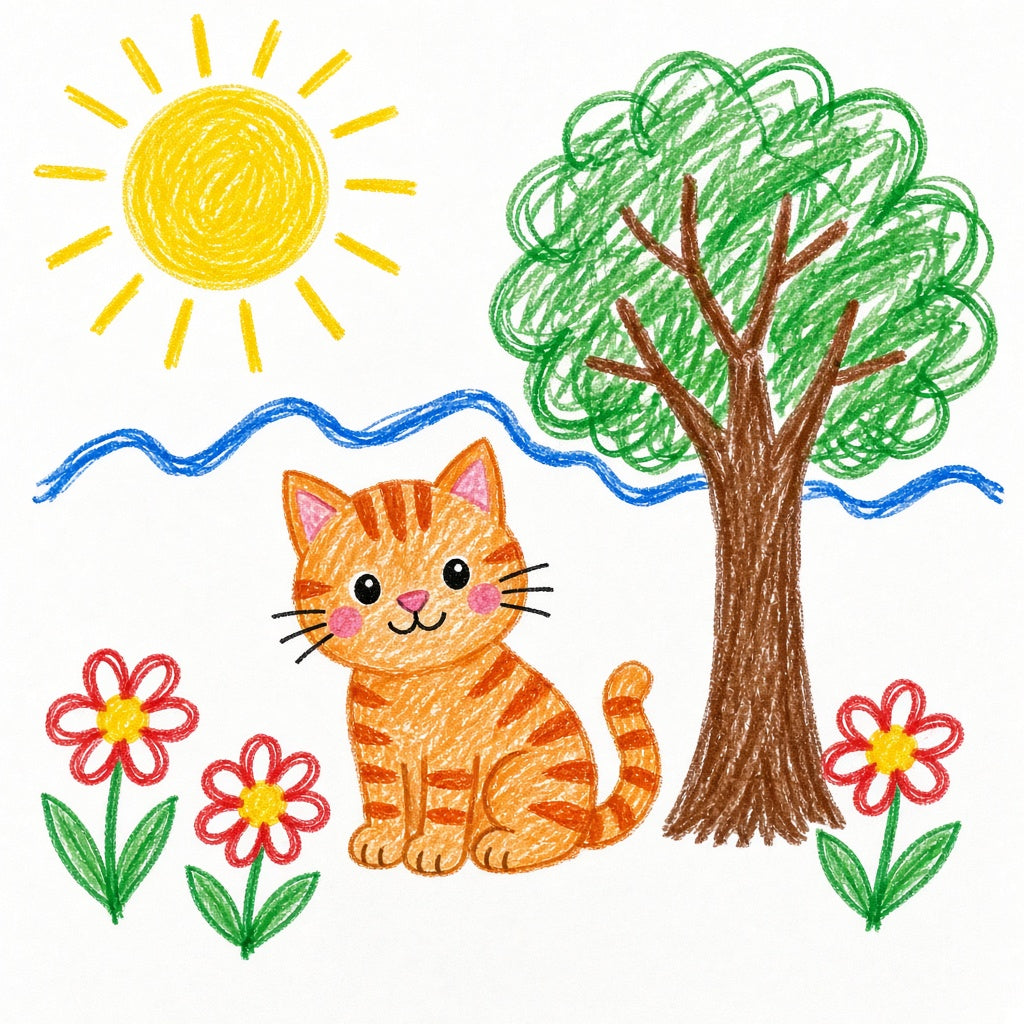 The child's original crayon drawing of a smiling orange tabby cat under a yellow sun