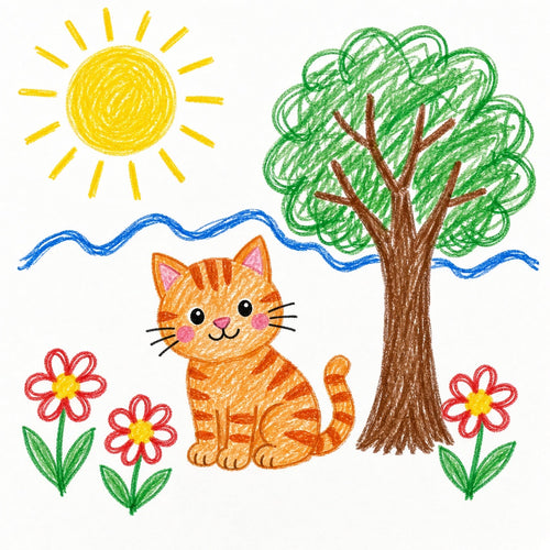 Child's crayon drawing of a smiling orange tabby cat under a big yellow sun beside a scribbly tree