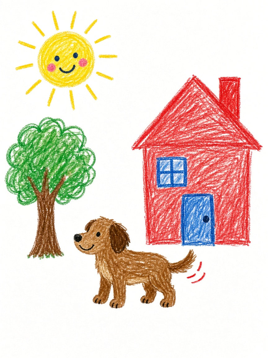 Child's crayon drawing of a brown dog beside a red house, a smiling sun and a tree